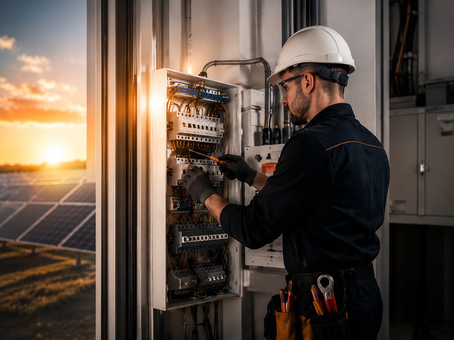 Electrician working on a solar electrical installation at sunset