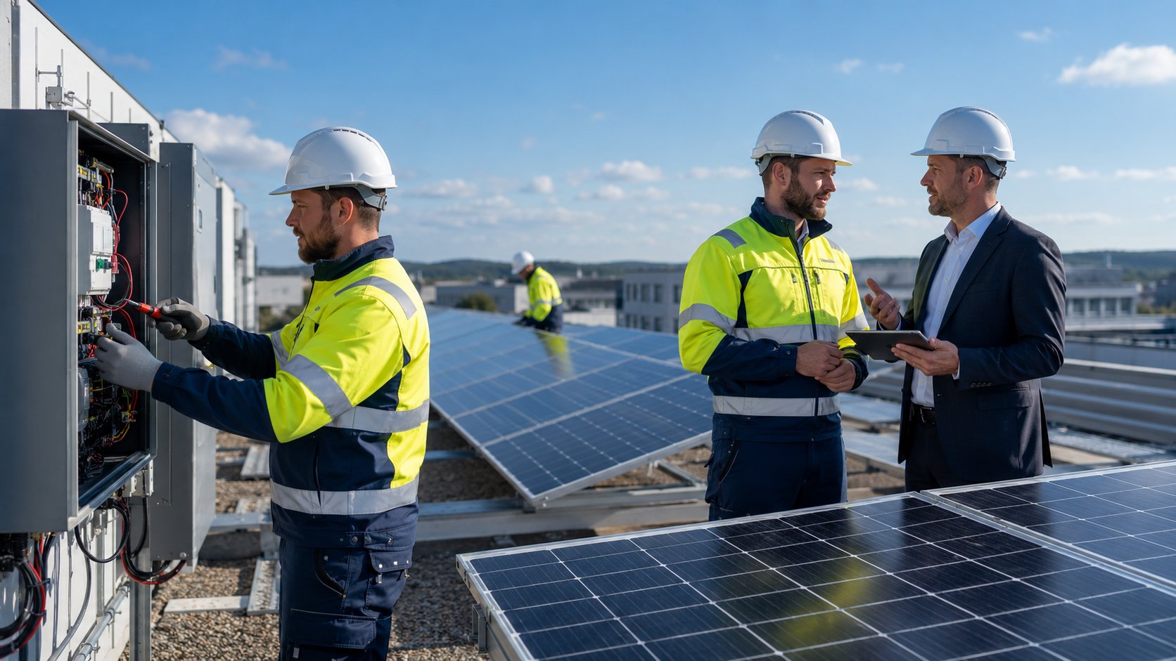 Solar electricians working on a commercial rooftop installation