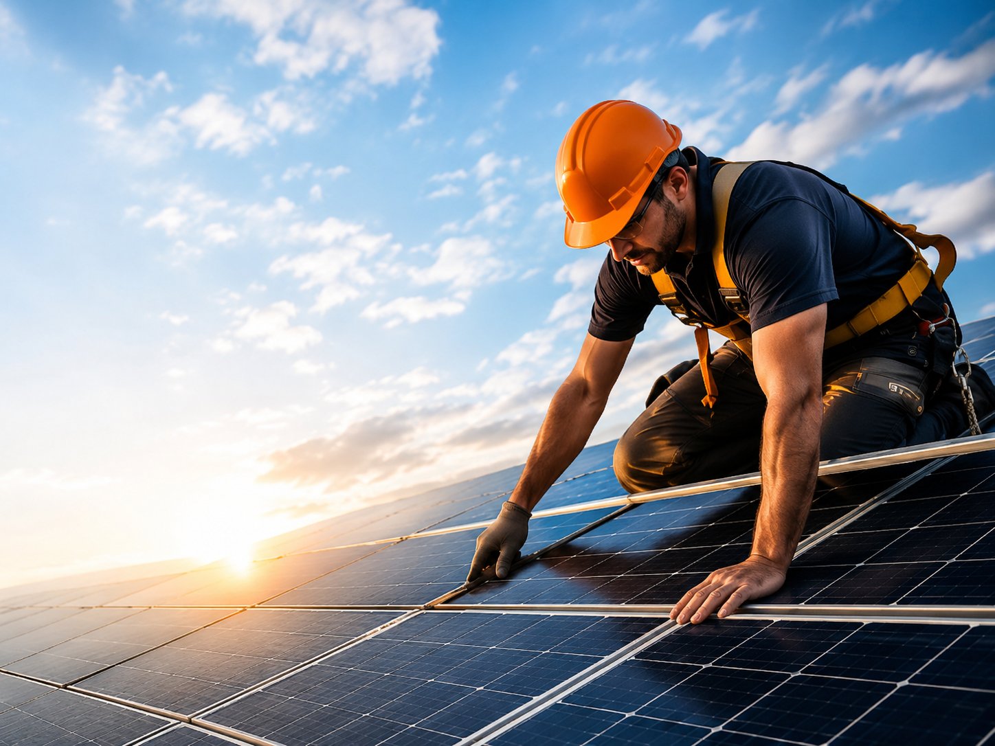 PV installer working on rooftop solar panels at sunset