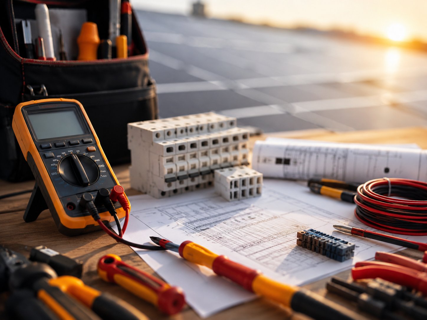 Electrician tools and PV system schematics